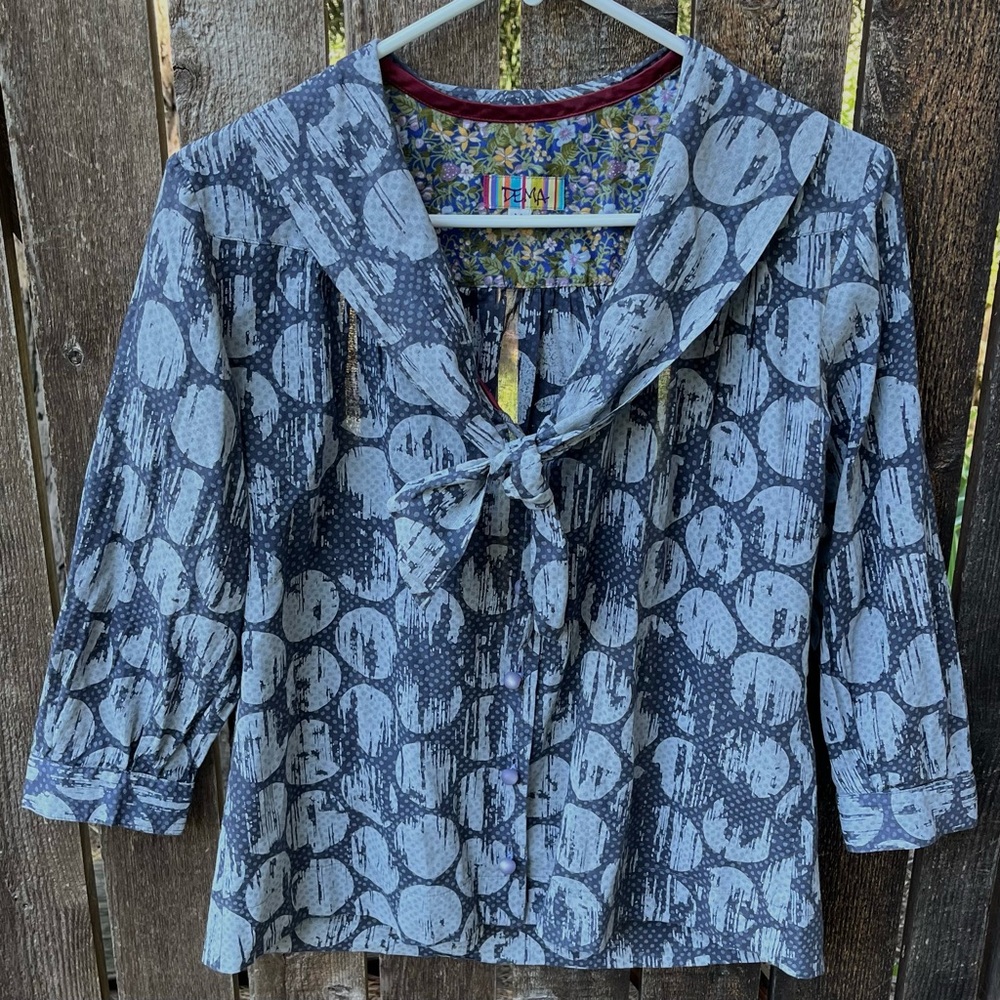 Dema 100% Cotton Dot Sailor Tie Collar Button Down Blouse In Sz M
